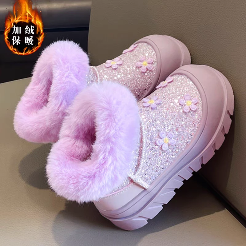 童鞋女童雪地靴加绒加厚2024冬季新款儿童棉鞋女孩公主棉靴378