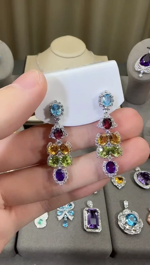 银S925镶嵌耳饰水晶3*6mm耳坠多彩宝