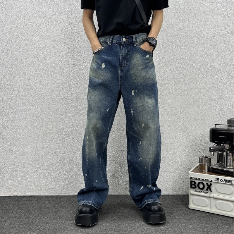 宽松纯色牛仔长裤新款泼墨涂鸦大直筒男士男士泼墨涂鸦阔腿牛仔裤