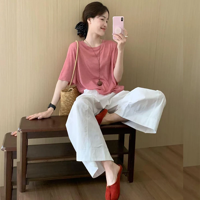 韩系休闲套装女2025夏装简约慵懒圆领短袖上衣阔腿裤显瘦两件套
