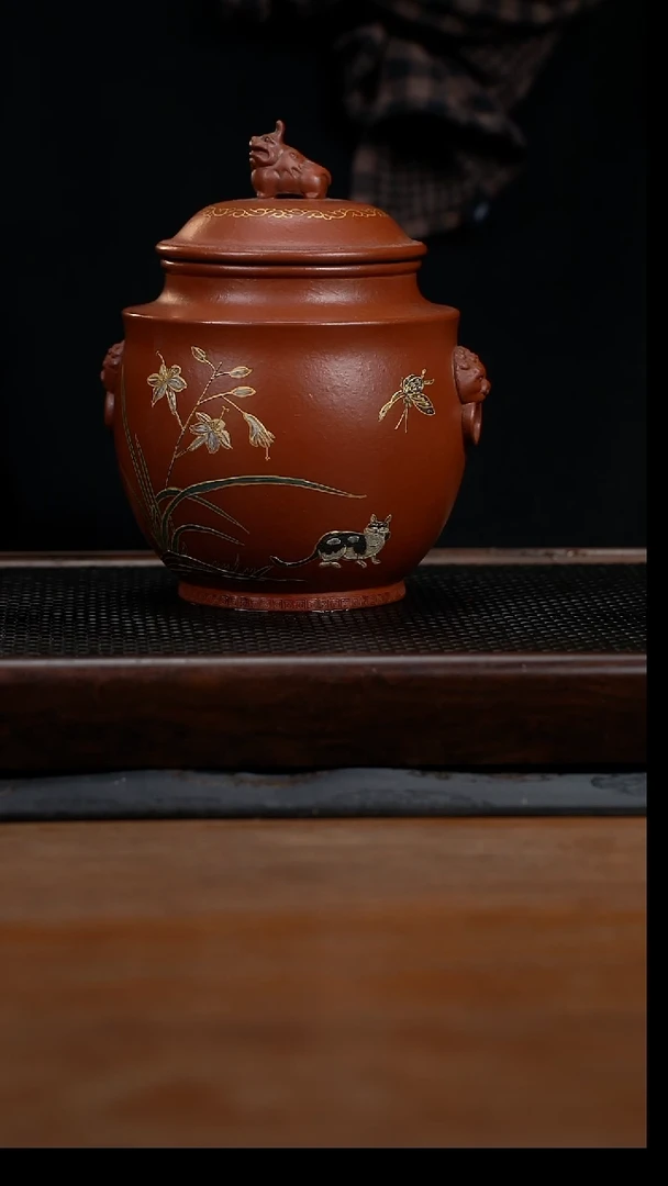 茶壶紫砂黄龙山原矿朱泥宫廷花鸟茶叶罐21