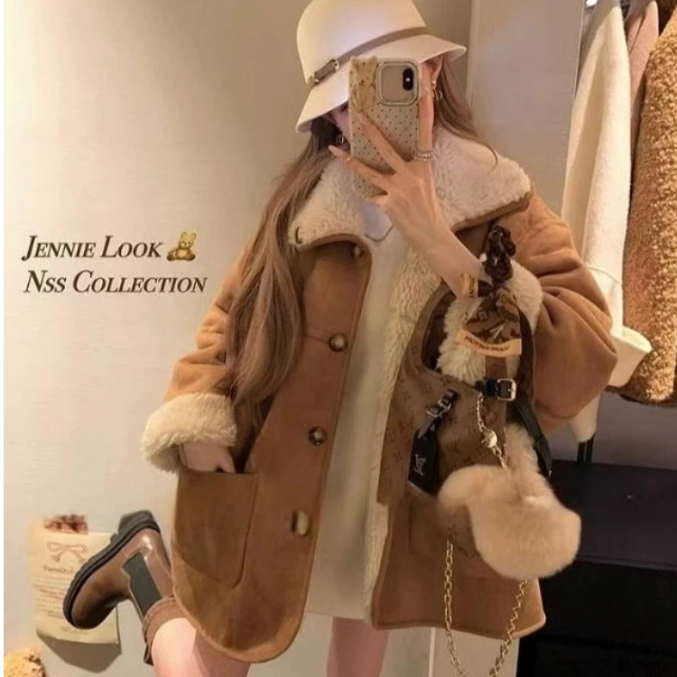【现货现发】双面穿羊羔毛毛立领翻领外套加厚保暖女中长款秋冬