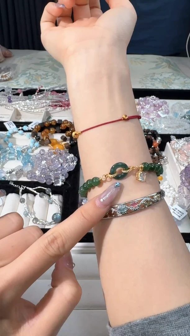 手链银S925镶嵌和田玉M024碧玉环环设计款