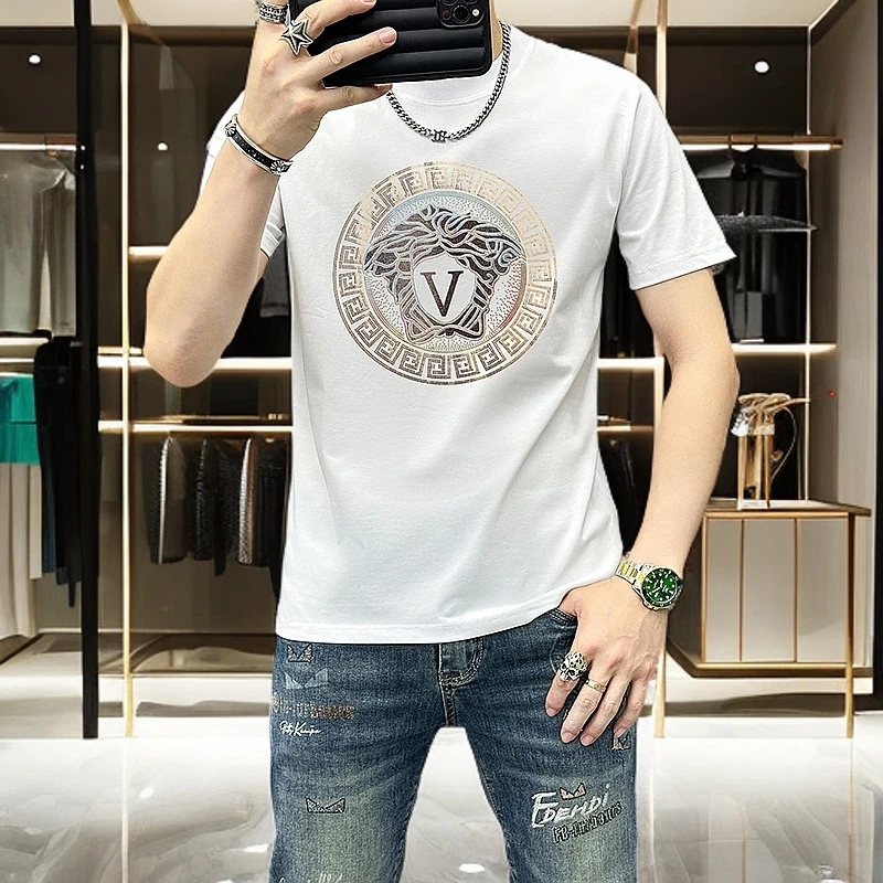 轻奢欧货夏季休闲潮流男装40-50岁修身上衣半袖圆领时尚印花