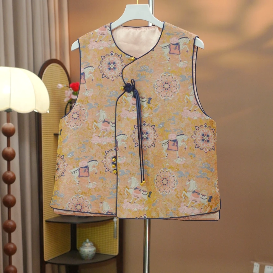 【马到成功】重工提花新中式马甲女秋小个子斜襟国风马夹背心