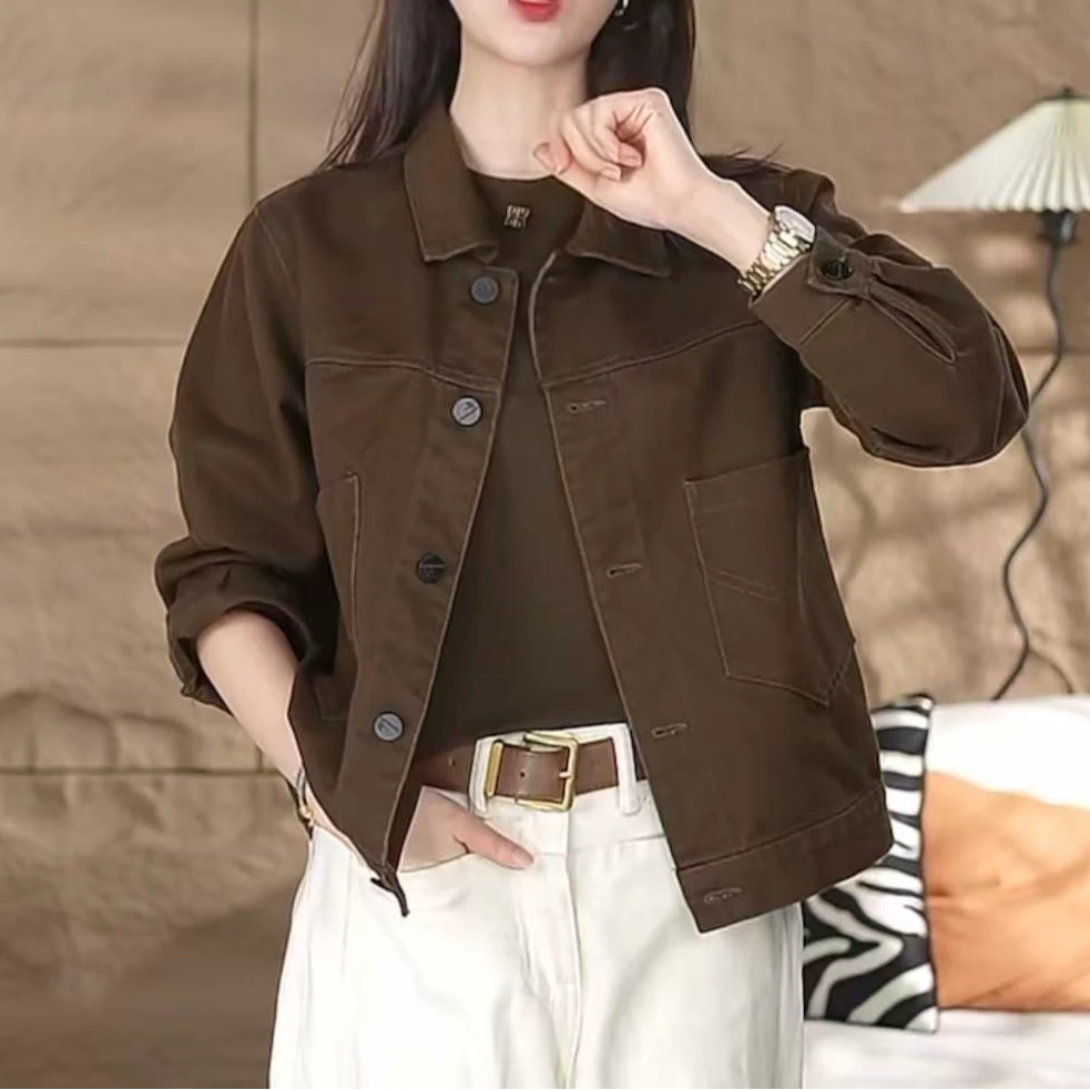 时尚亮色牛仔外套上衣女外套显瘦大口袋女外套气质深色牛仔