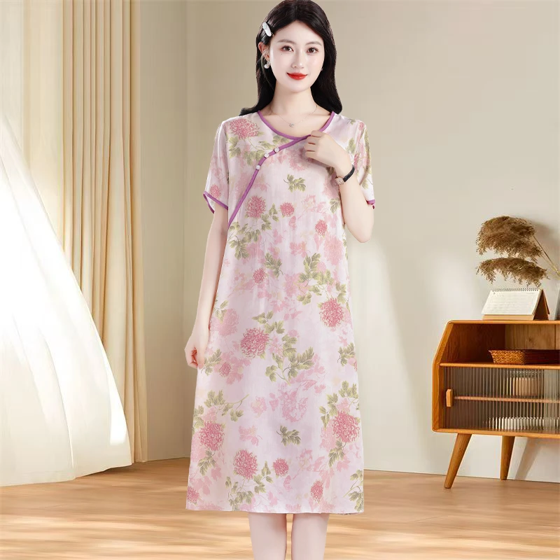 夏季新款新中式棉绸睡裙宽松大版可外穿人造棉时尚休闲家居