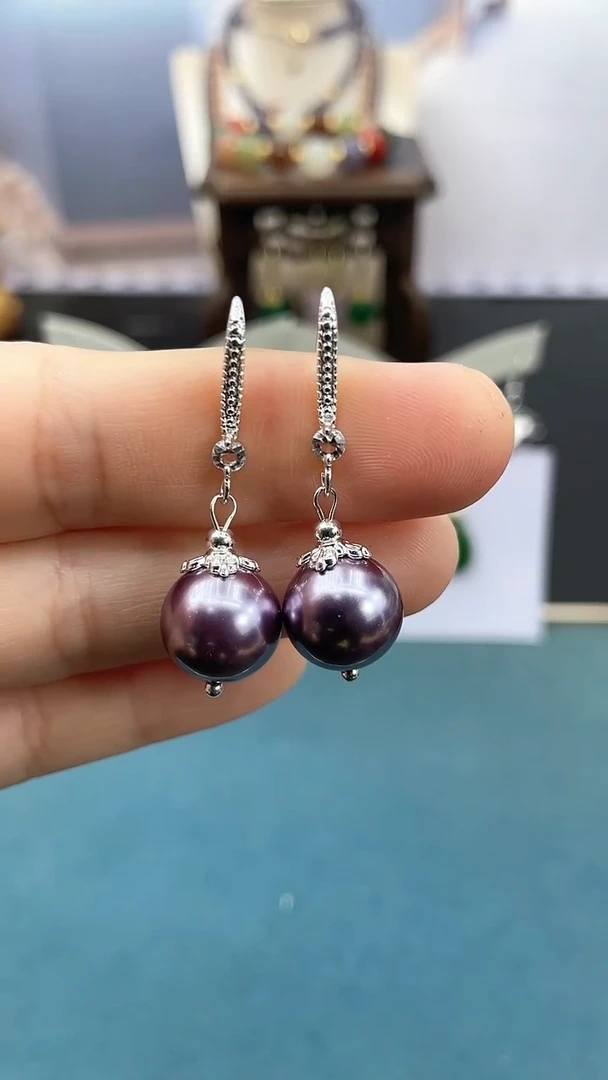 耳饰银S925镶嵌拼合珍珠（马贝珠）12mm淡紫贝珠ZZ