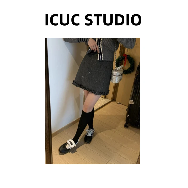ICUC定制-【韩系氛围感亮闪木耳边短裙】冬季高腰显瘦加厚短裙6857