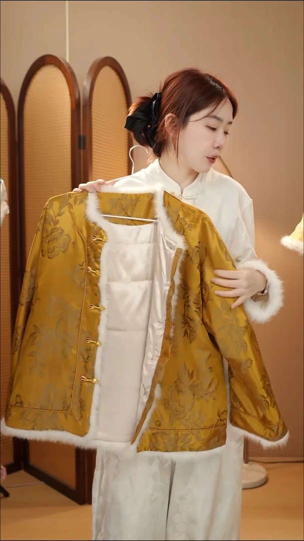 金色水貂毛夹棉外套