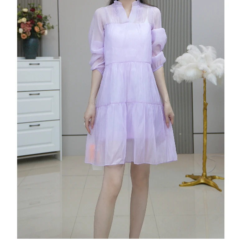夏季出游新款时尚款气质仙女裙褶皱V领减龄显瘦连衣裙女989