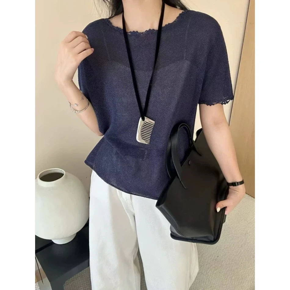 3277【钩花边中袖针织衫】巨百搭！女士夏季薄款宽松显瘦上衣