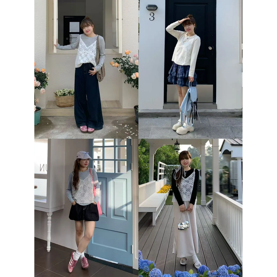 米米子“叠穿MVP”花朵蕾丝吊带四色正肩长袖T恤真两件套春季新款