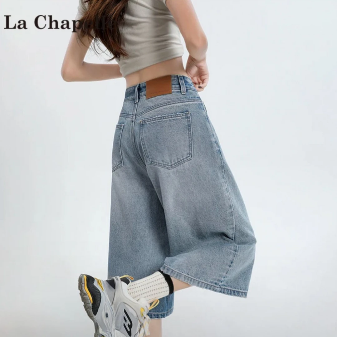 拉夏贝尔美式七分牛仔裤女夏季2025新款高腰宽松直筒裤阔腿中裤子