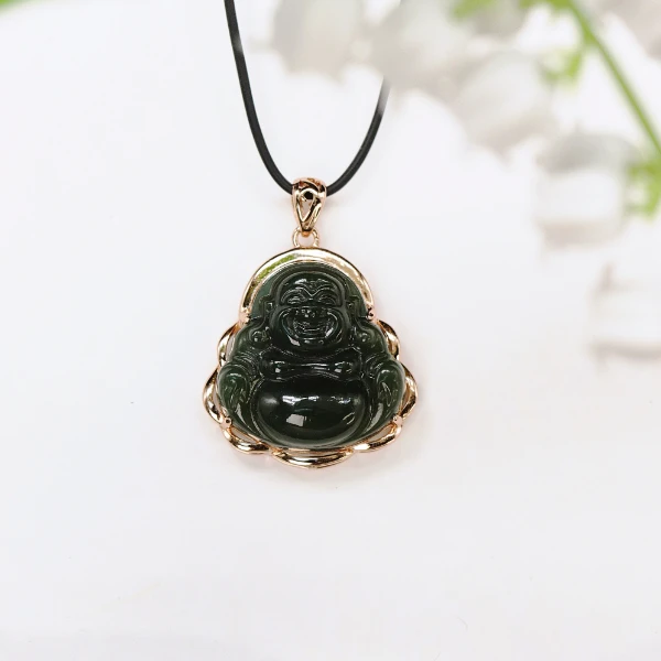 新疆和田玉佛公上等和田玉吊坠S925银镶弥勒佛玉石菠菜绿晴水Y576