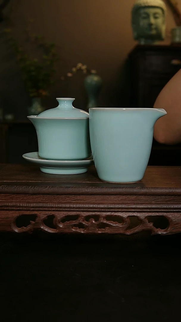 茶器天青手工马蹄盖碗