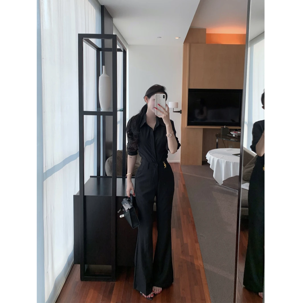 秋季新款气质通勤长袖黑色衬衫高腰阔腿长裤