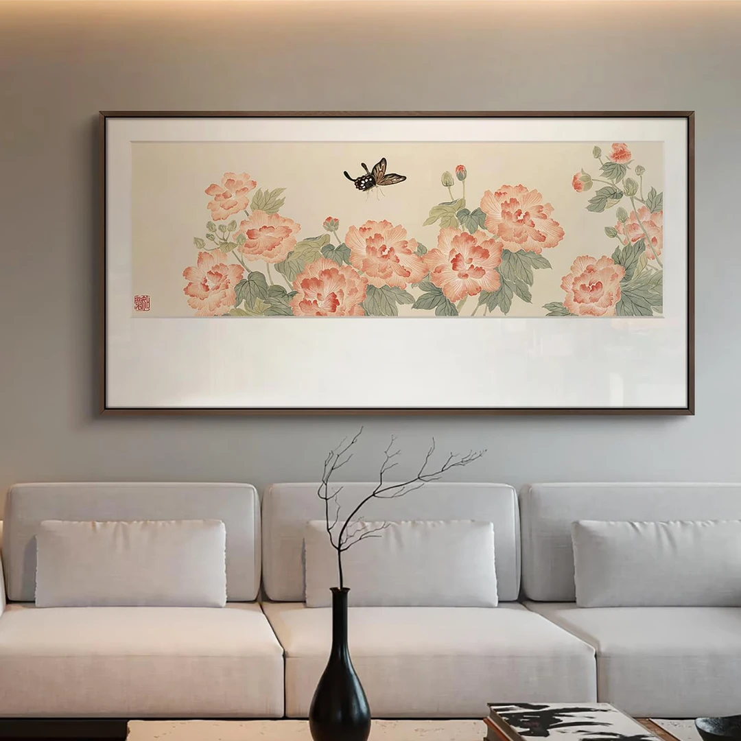 新中式牡丹客厅装饰画高级感沙发背景墙挂画宋代美学餐厅别墅壁画