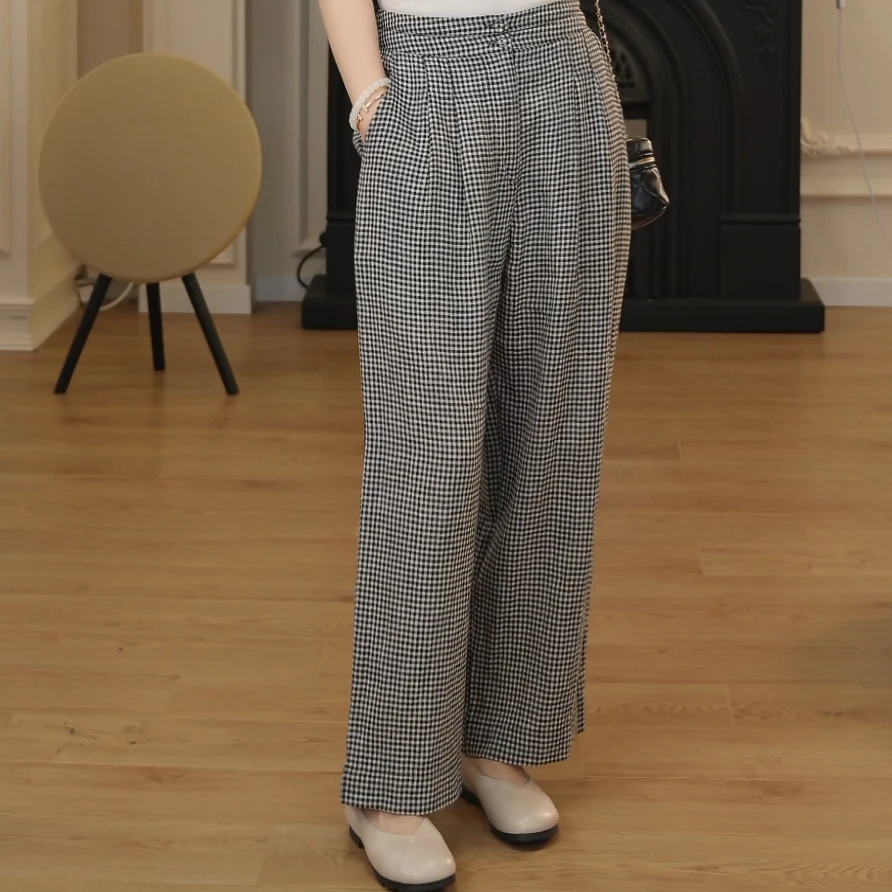 亚麻直筒裤夏季百搭显瘦女装九分裤宽松格子休闲裤女 K808