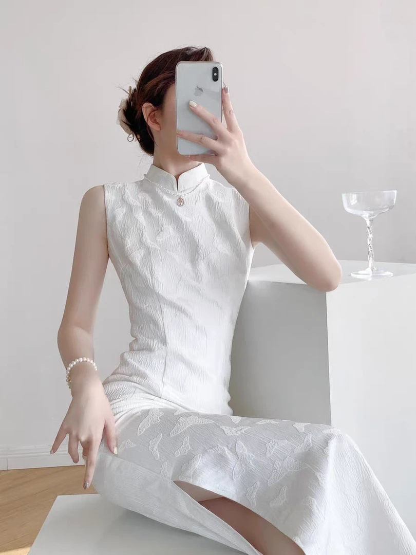 旗袍气质中国风提花常规款无袖少女夏季中式显瘦拍照改良白色旗袍