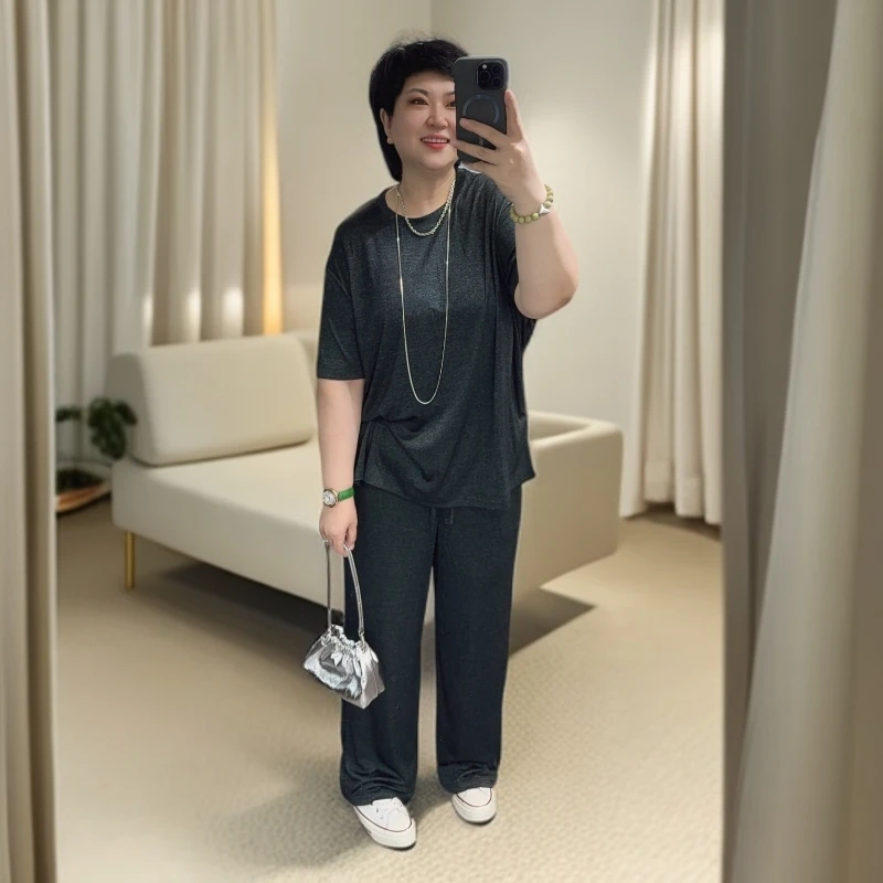 6008 定制款高级灰半袖拖地裤套装/it