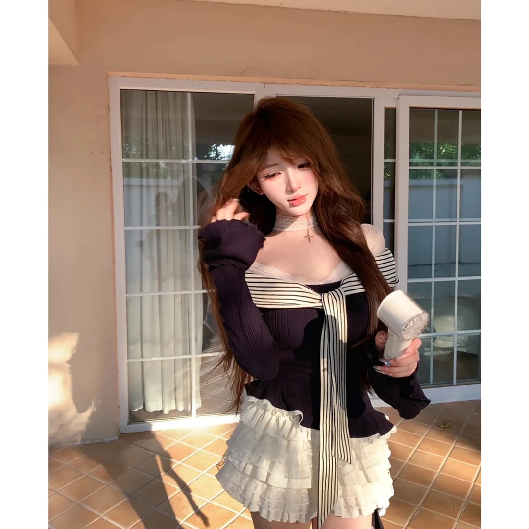 2025秋季新款纯欲ins风针织上衣一字肩/蕾丝蓬蓬蛋糕半裙套装女