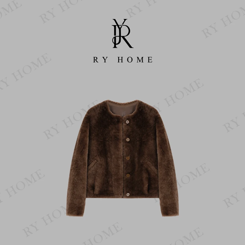 【容雨RYHOME】100绵羊毛＋老钱风圆领宽松皮毛一体外套243W1913