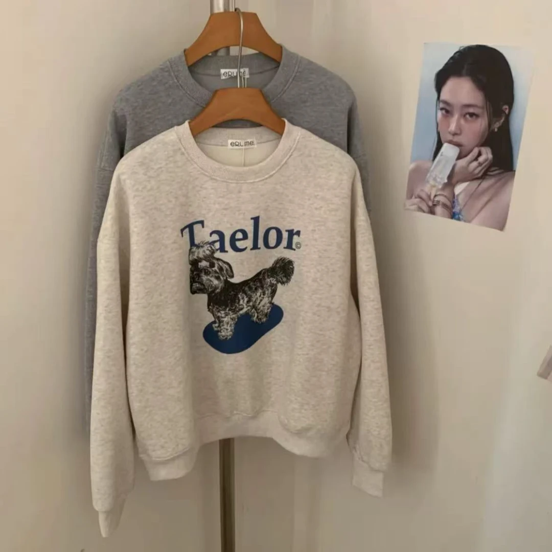 YD-韩系！小狗印花加绒卫衣26春季新款加绒加厚休闲圆领套头上衣女