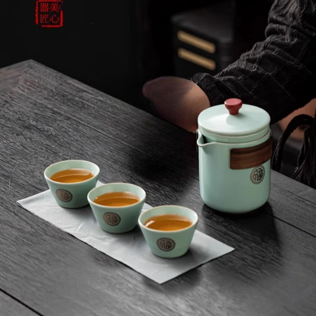 汝窑旅行茶具便携简约陶瓷快客杯一壶三杯户外露营泡茶器定制