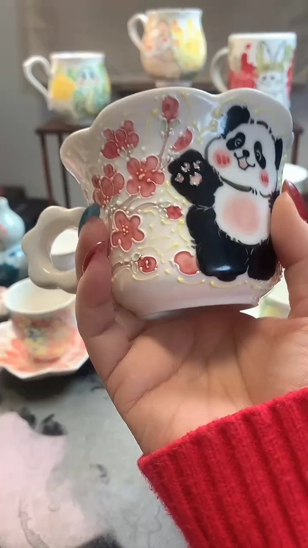 一味*手绘*熊猫桃花杯