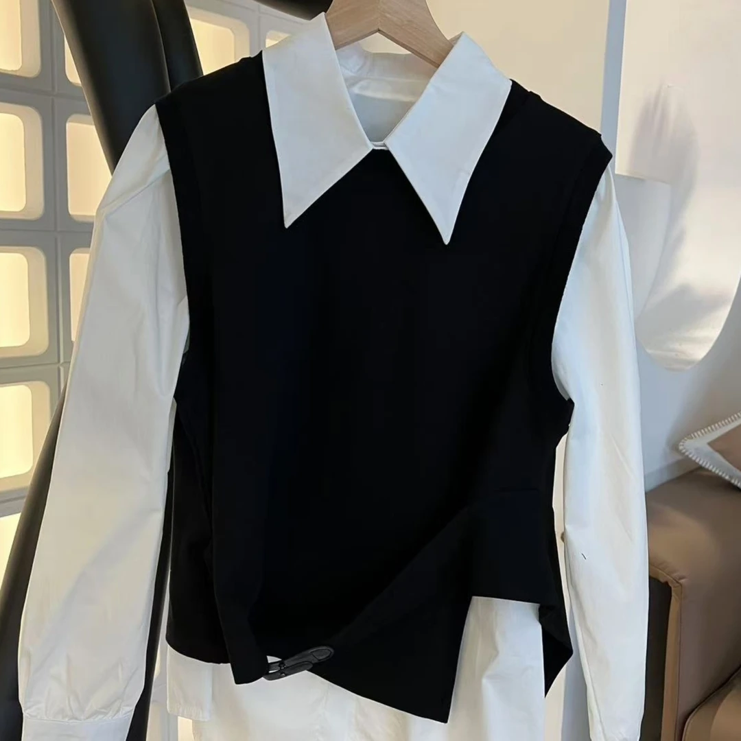 （萱萱严选）设计感休闲马甲衬衫两件套气质上衣