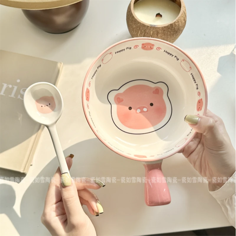 05福气【2件套】happy猪猪手柄碗+勺子 happy猪猪一人食手把碗套装