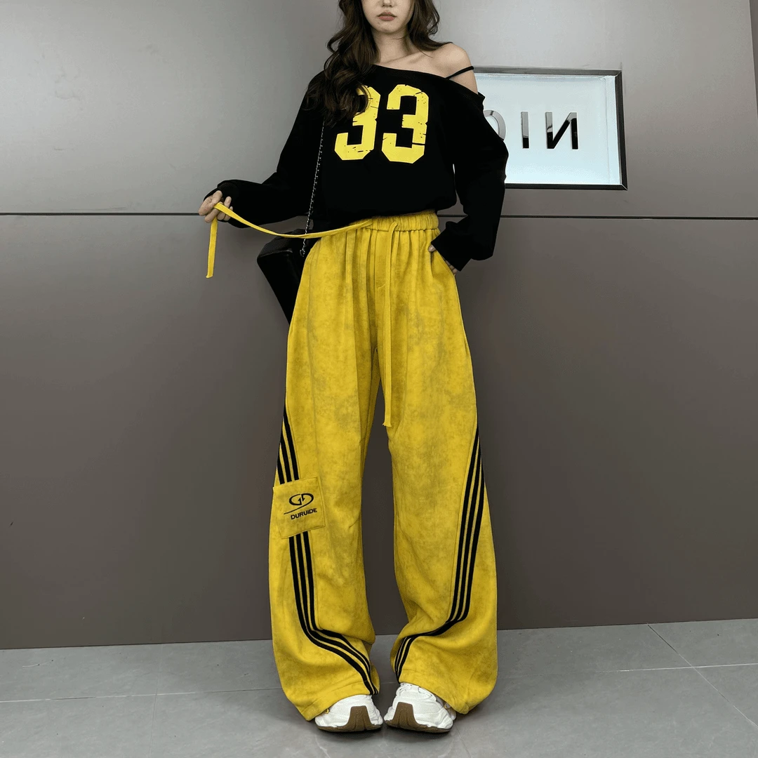 三条杠抽绳休闲卫裤女秋冬2025新款美式百搭扎染宽松直筒阔腿长裤