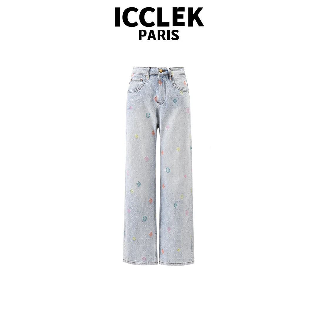 ICCLEK  夏季浅色高腰印花直筒百搭气质宽松牛仔裤秋季百搭 -5248