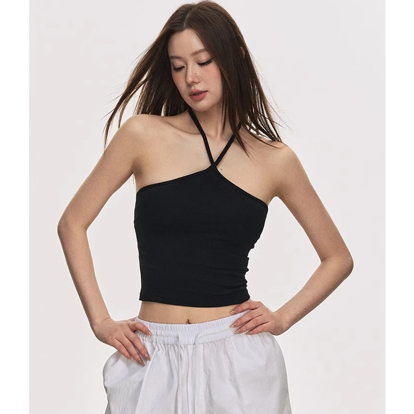 anna aneae挂脖黑色吊带背心女夏季外穿弹力紧身短款性感辣妹上衣