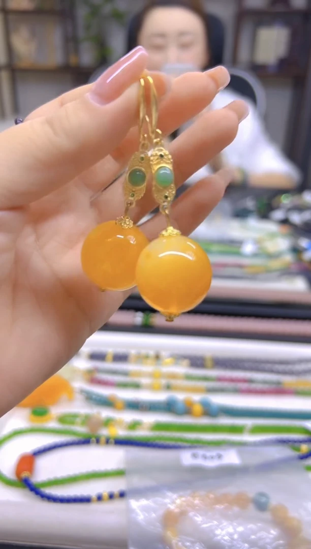 14K金镶嵌蜜蜡耳饰DIY款E603