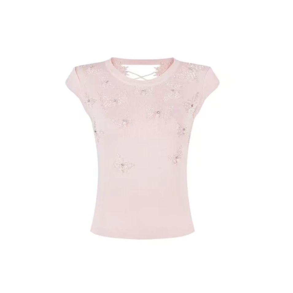 【元气蝴蝶】春夏新款时尚百搭烫钻蝴蝶圆领修身显瘦T恤短袖上衣