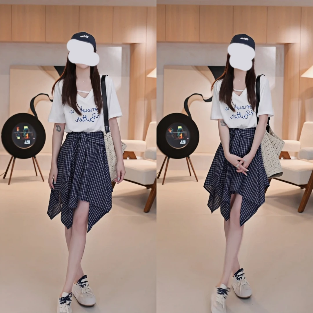 简约通勤气质套装女夏季V领短袖t恤不规则格子半身裙裙子两件套