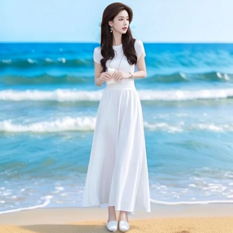 GDAMS商场同款气质女神范高级感超好看显瘦收腰白色短袖连衣裙女