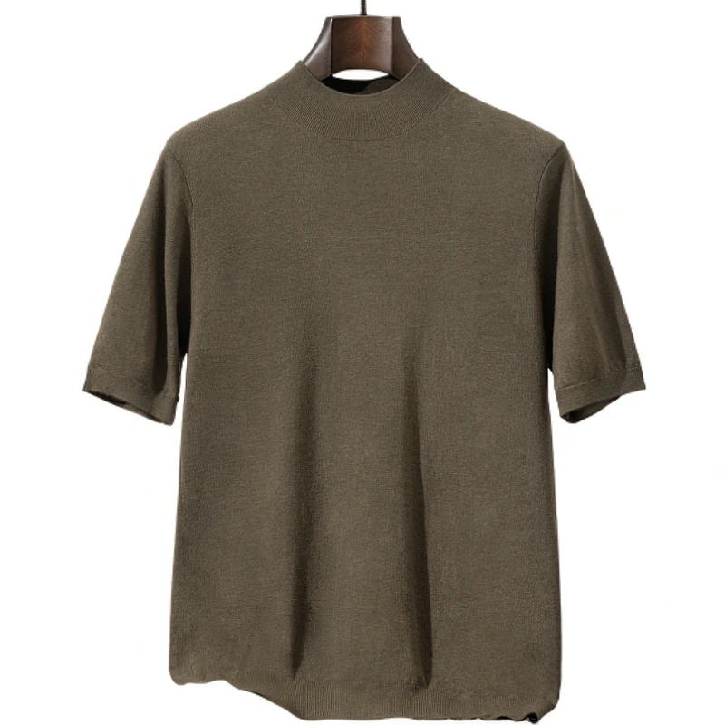 MUFENG】100%精纺羊毛短恤针织夏季纯色商务时尚男士圆领半高领T恤