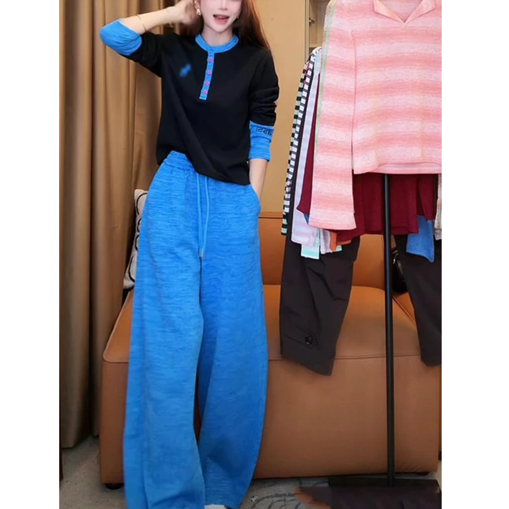 秋冬设计感穿搭时尚套装2025秋季新款撞色上衣阔腿休闲裤两件套女