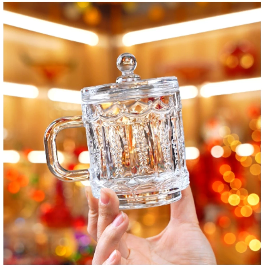 现代简约小清新麦穗玻璃马克杯家用透明带盖玻璃杯茶杯