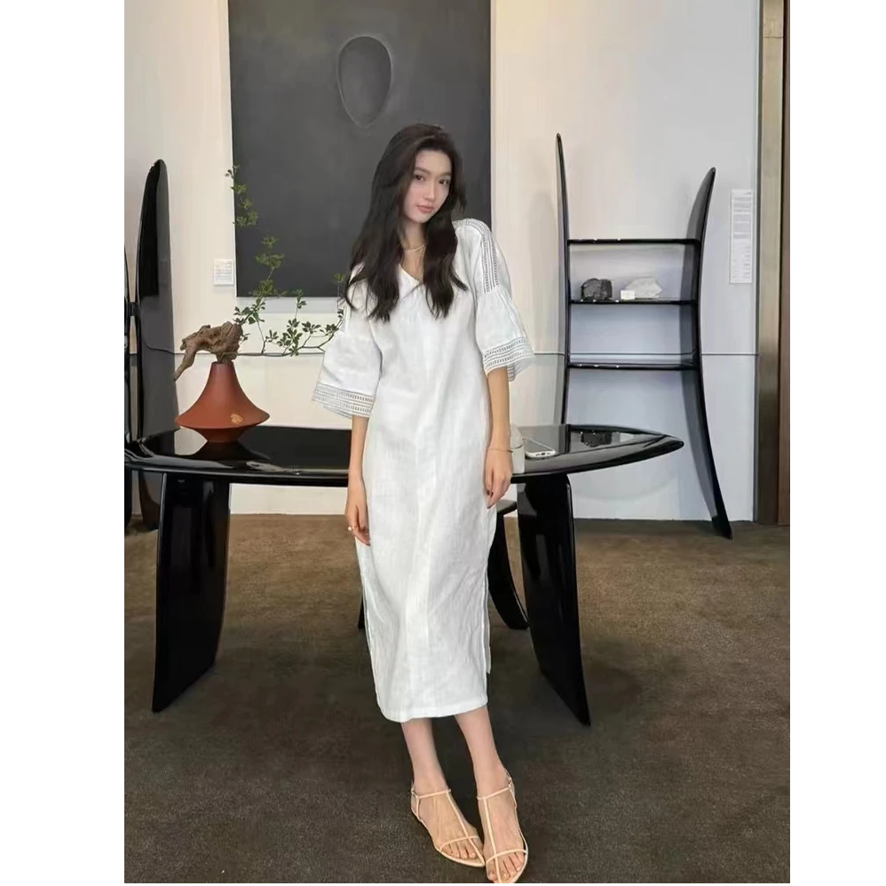 ZX6315法式简约宽松短袖连衣裙女夏显瘦气质高级感小众开叉长裙