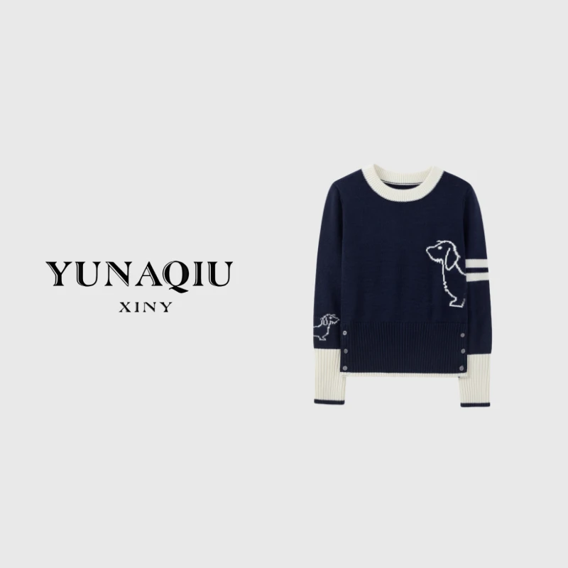 YUNAQIU时尚轻奢气质圆领腊肠狗毛衣宽松百搭套头羊毛针织衫-3045