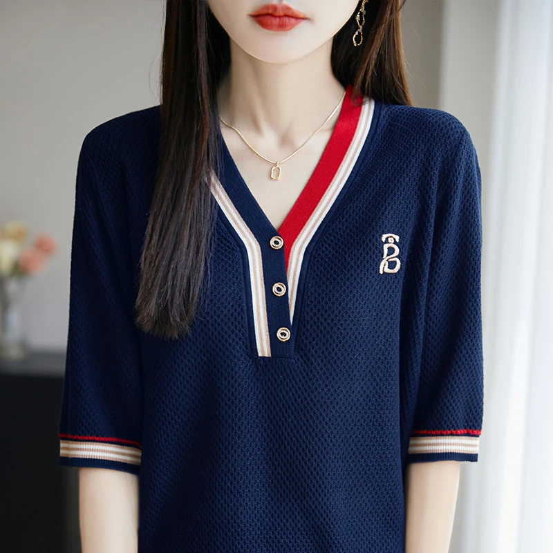 品哥弟新正品桑蚕丝针织衫夏季V领短袖T恤宽松显瘦薄款洋气上衣