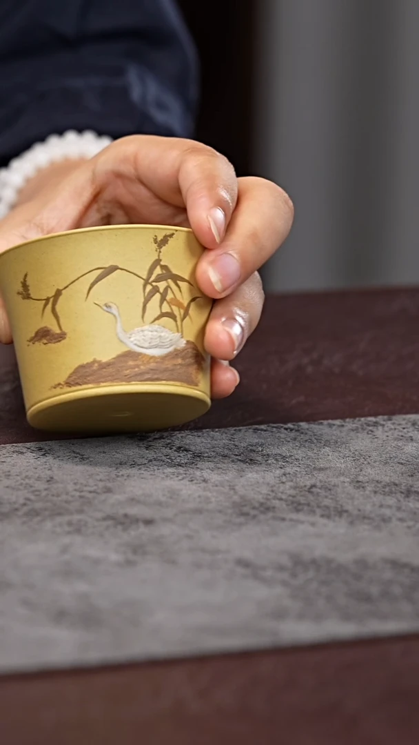 茶杯紫砂泥绘 大雁  本绿 马蹄