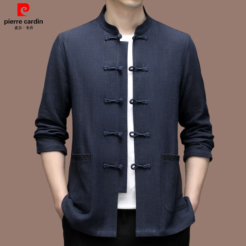 皮尔卡丹春秋老年复古立领夏季唐装亚麻长袖中国风中式多口袋男装