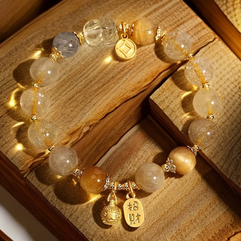 天然金发晶水晶月光石手链吞金兽虎眼石手串财富石 带证书