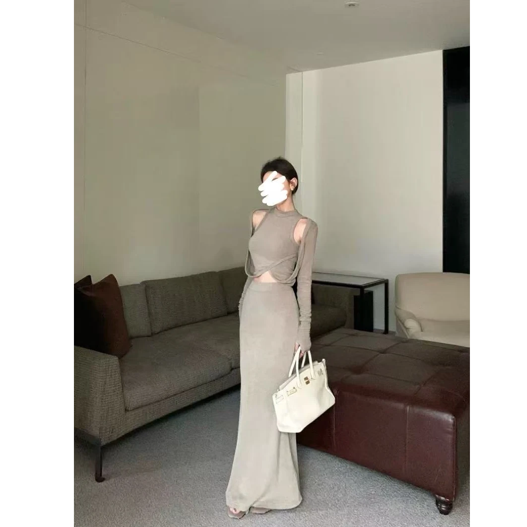 秋冬复古气质设计感辣妹假两件长袖上衣高腰显瘦半身裙薄绒套装