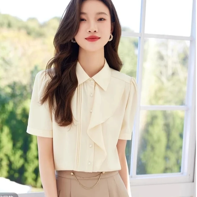 105（衣长58）短袖衬衫荷叶边设计感港风衬衣（5柜）